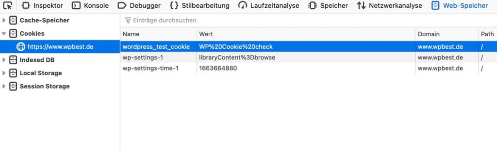 Cookie Detailansicht im Browser Entwickler-Tool von Firefox